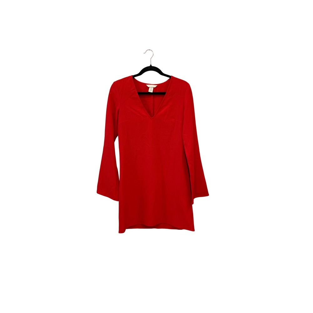 H&M Red Bell Sleeve V-Neck Mini Dress XS Excellent Textured Shift